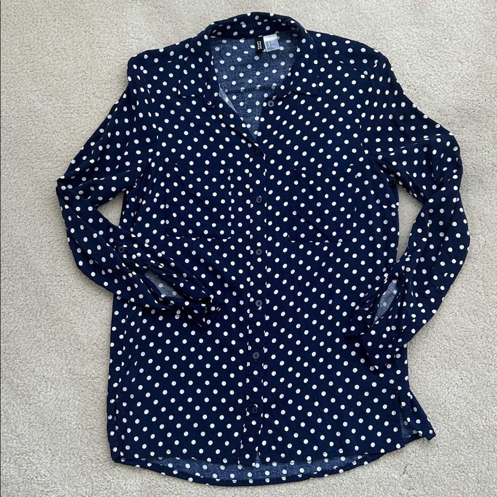 H&M Divided Navy Polka Dot Blouse | Size 10